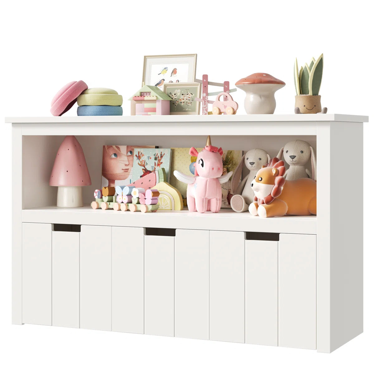 Kids Toy Storage Unit: 3-Bin Bookcase with Open Shelf and Wheels
