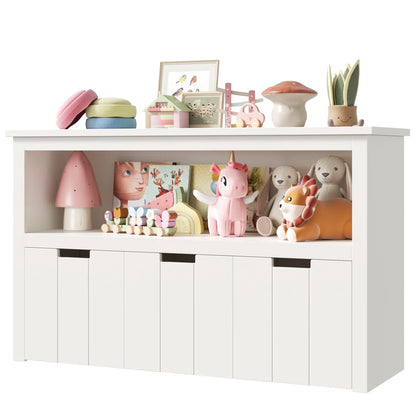 Kids Toy Storage Unit: 3-Bin Bookcase with Open Shelf and Wheels