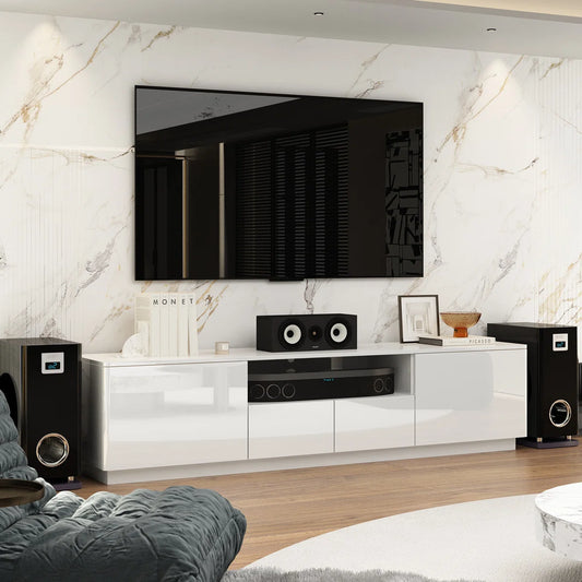tv panel: Modern TV stand fits 88" screens with storage and clean design