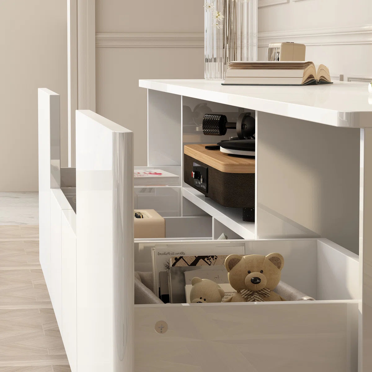 tv panel: Modern TV stand fits 88" screens with storage and clean design