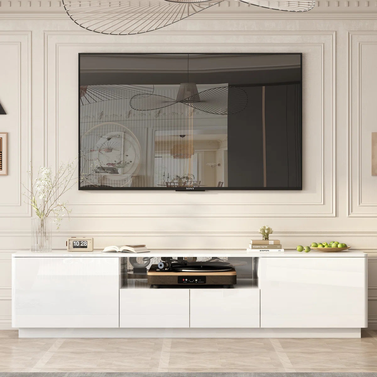 tv panel: Modern TV stand fits 88" screens with storage and clean design