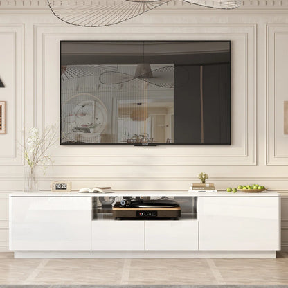 tv panel: Modern TV stand fits 88" screens with storage and clean design