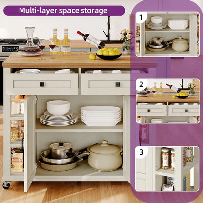 Kitchen Island Table – Brianny Foldable Cart with Drawers & Power Outlet