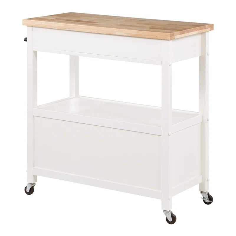 Kitchen Island Table: 34.75'' Wide White Farmhouse-Style Cart with Solid Wood Top