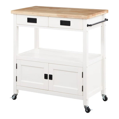 Kitchen Island Table: 34.75'' Wide White Farmhouse-Style Cart with Solid Wood Top