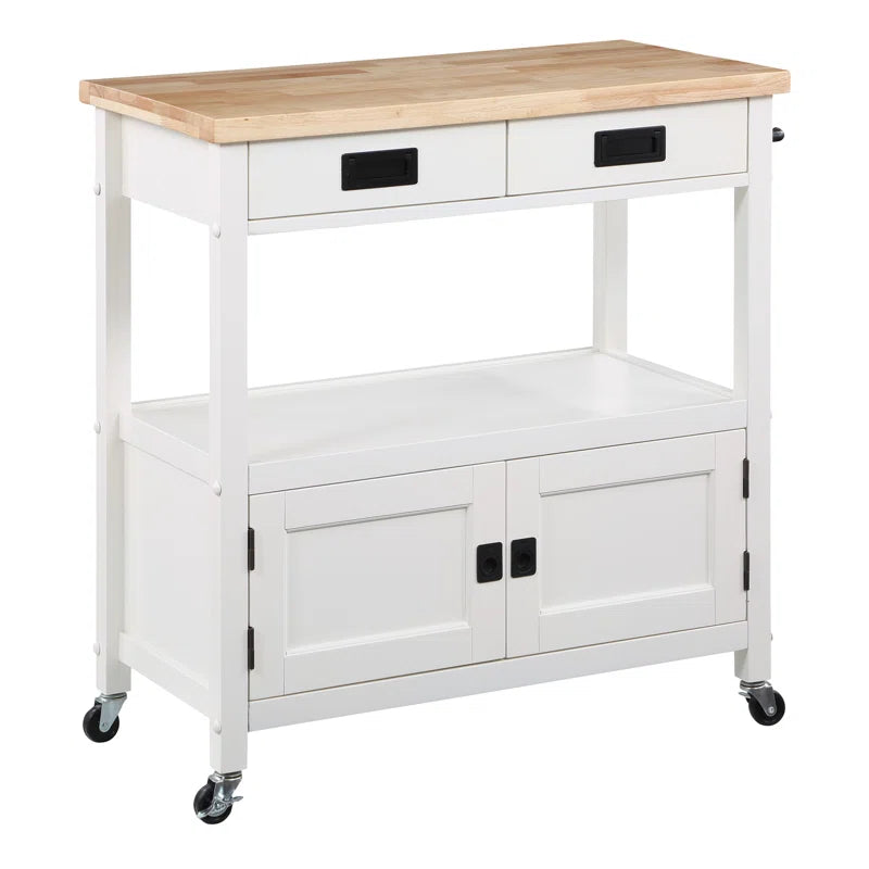 Kitchen Island Table: 34.75'' Wide White Farmhouse-Style Cart with Solid Wood Top