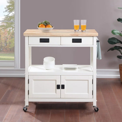 Kitchen Island Table: 34.75'' Wide White Farmhouse-Style Cart with Solid Wood Top