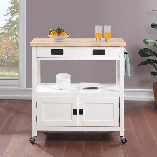 Kitchen Island Table: 34.75'' Wide White Farmhouse-Style Cart with Solid Wood Top