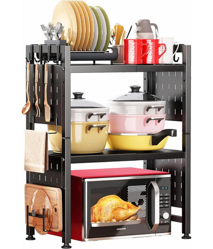 Kitchen Racks: Adjustable Kitchen Countertop Shelf with Hooks and Microwave Storage