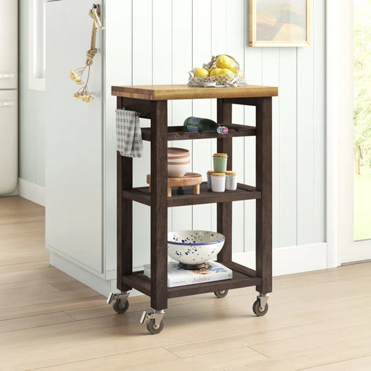 Kitchen Island Table: Solid Acacia Wood Cart with Wine Rack & Towel Holder