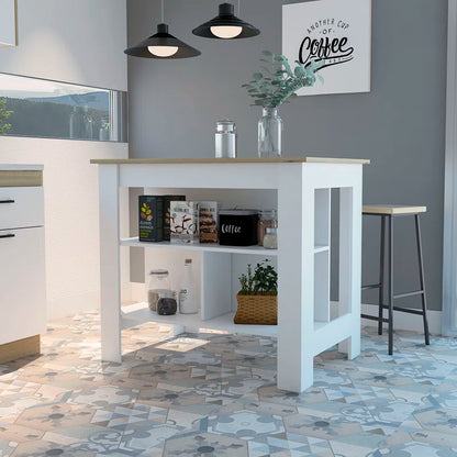 Kitchen Island Table: Two-Tone Workstation with Storage Shelves &amp; Seating Space
