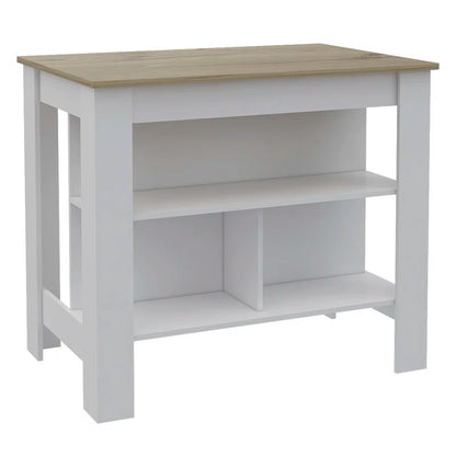Kitchen Island Table: Two-Tone Workstation with Storage Shelves &amp; Seating Space