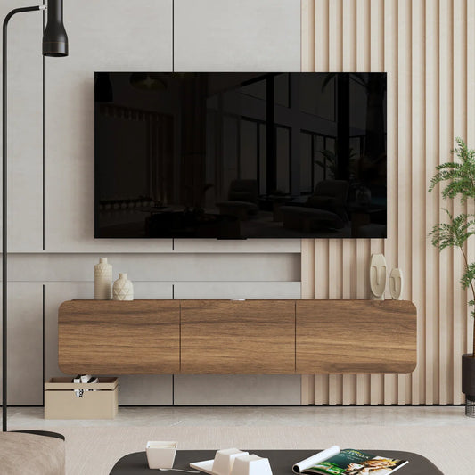 tv panel: Modern wall-mounted media console holds up to 78" TVs effortlessly