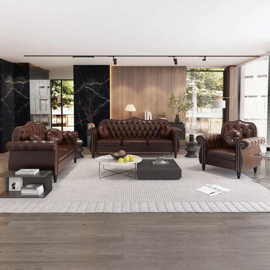 Luxury Sofa Sets: 3-Piece Chesterfield Velvet Sofa, Loveseat & Armchair with Tufted Design and Nailhead Trim