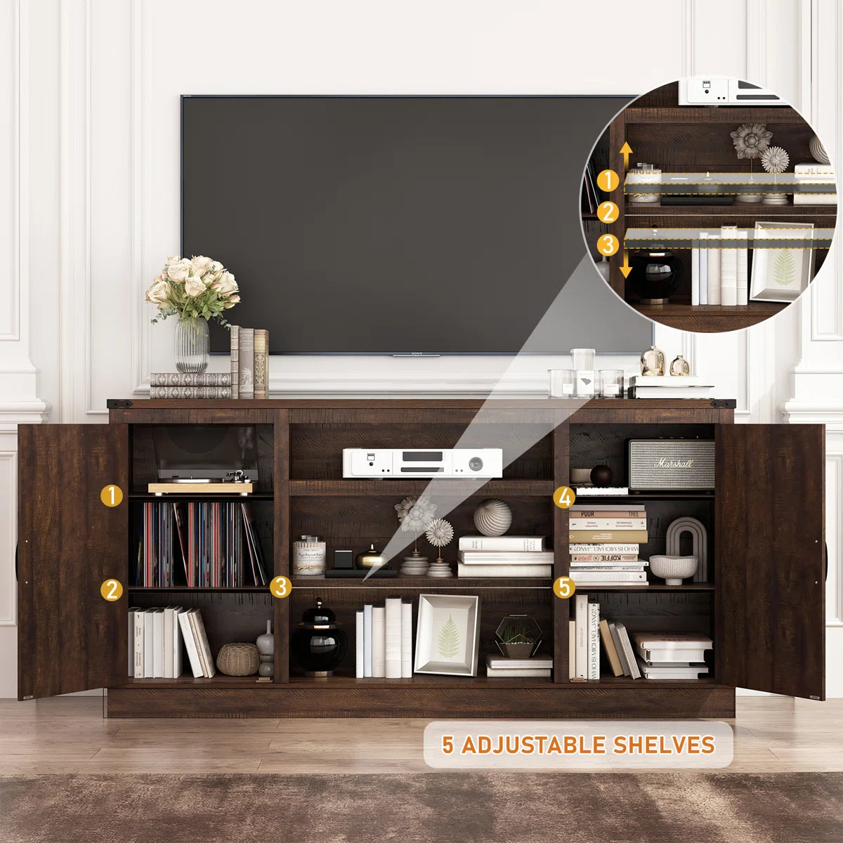 tv panel: Contemporary TV stand for 75" screen, offers ample media organization space