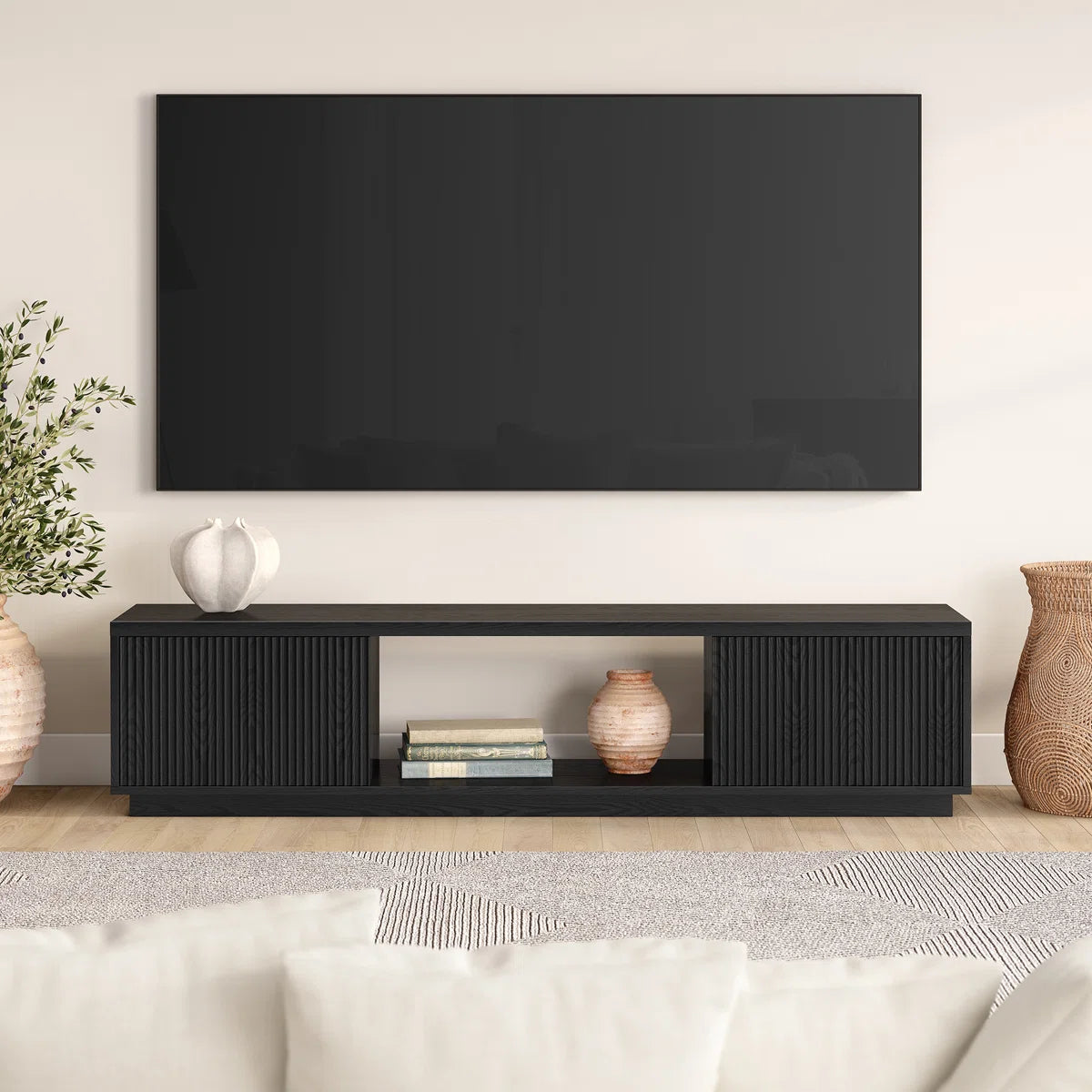 tv panel: Rectangular TV stand with clean lines, perfect for modern living spaces
