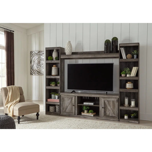 tv panel: 4-piece entertainment center with TV panel, cabinets, and wall-mounted shelves