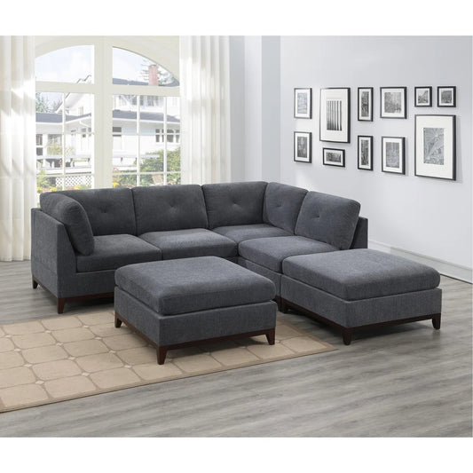 7 Seater Sofa Set: 6Pc Sectional Couch with Tufted Back, Wooden Base & 2 Ottomans