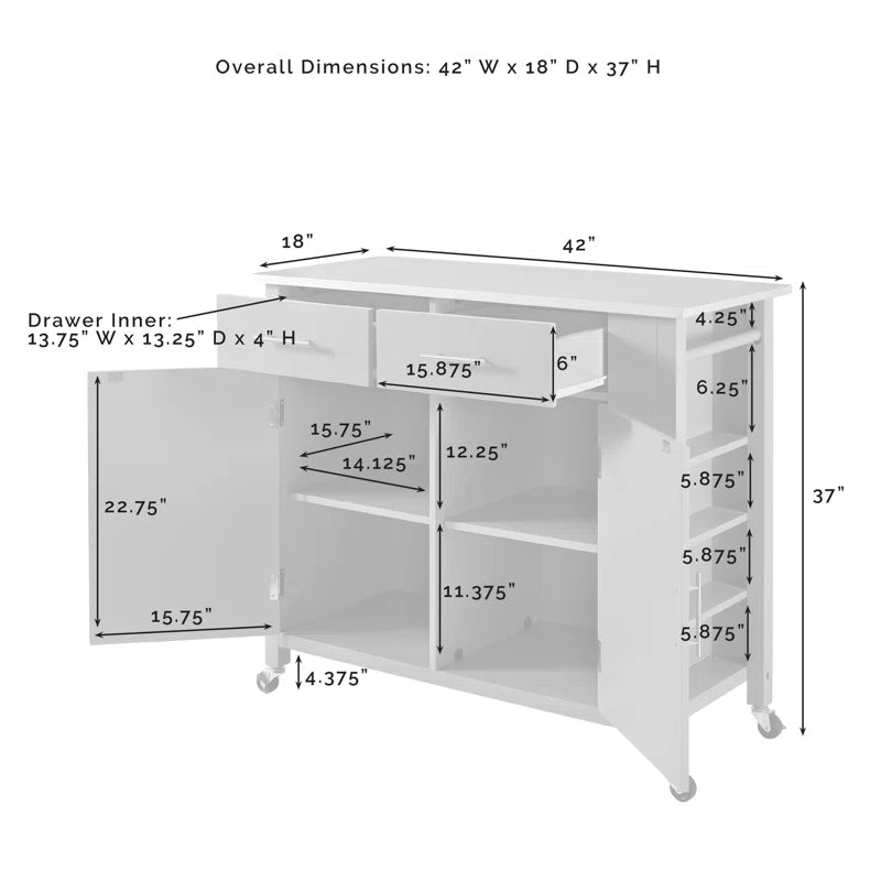 Kitchen Island Table: 42'' Wide Rolling Storage Cabinet with Drawers, Adjustable Shelves & Spice Rack