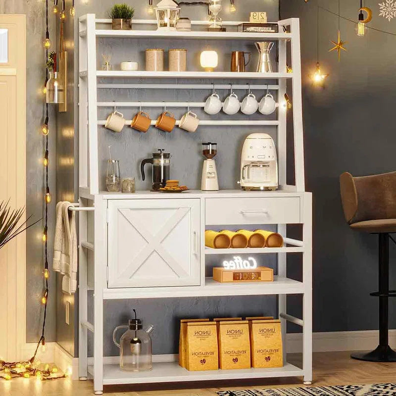 Kitchen Rack: Coffee Bar Cabinet, Farmhouse Microwave Stand With Wine Rack, Storage Drawer With 8 Hooks, Baker's Racks For Kitchens With Storage