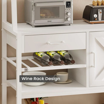Kitchen Rack: Coffee Bar Cabinet, Farmhouse Microwave Stand With Wine Rack, Storage Drawer With 8 Hooks, Baker's Racks For Kitchens With Storage