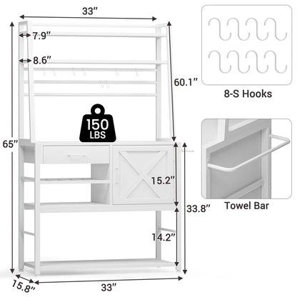 Kitchen Rack: Coffee Bar Cabinet, Farmhouse Microwave Stand With Wine Rack, Storage Drawer With 8 Hooks, Baker's Racks For Kitchens With Storage