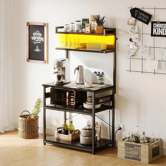 Kitchen Rack: Coffee Bar With Adjustable Shelves, 5-Tier Bakers Rack With Power Outlet LED Lights, Microwave Stand Kitchen Storage Shelf
