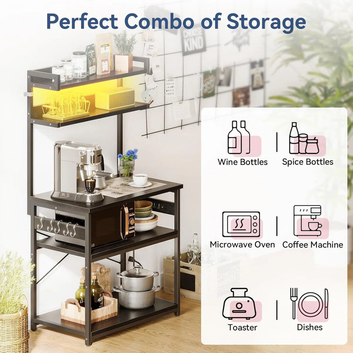 Kitchen Rack: Coffee Bar With Adjustable Shelves, 5-Tier Bakers Rack With Power Outlet LED Lights, Microwave Stand Kitchen Storage Shelf