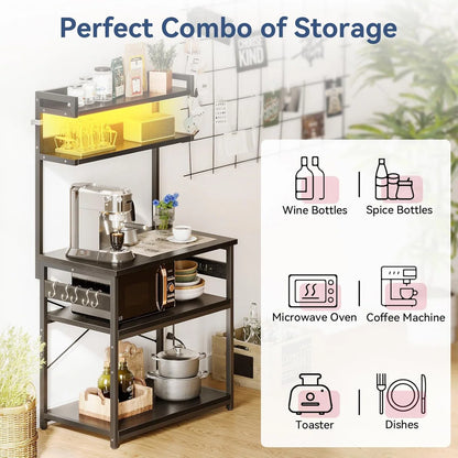 Kitchen Rack: Coffee Bar With Adjustable Shelves, 5-Tier Bakers Rack With Power Outlet LED Lights, Microwave Stand Kitchen Storage Shelf