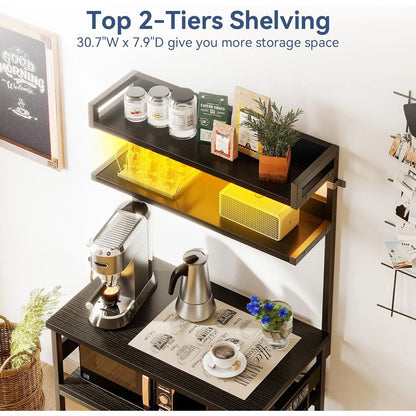 Kitchen Rack: Coffee Bar With Adjustable Shelves, 5-Tier Bakers Rack With Power Outlet LED Lights, Microwave Stand Kitchen Storage Shelf