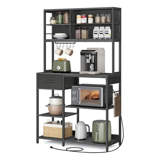 Kitchen Rack: Coffee Stand with Adjustable Storage Shelves, Bakers Rack with Charging Station, and Microwave Table