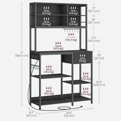Kitchen Rack: Coffee Stand with Adjustable Storage Shelves, Bakers Rack with Charging Station, and Microwave Table