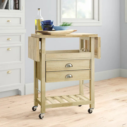 Kitchen Island Table: Drop Leaf Tan Cart with Natural Wood Top, Drawers & Locking Wheels