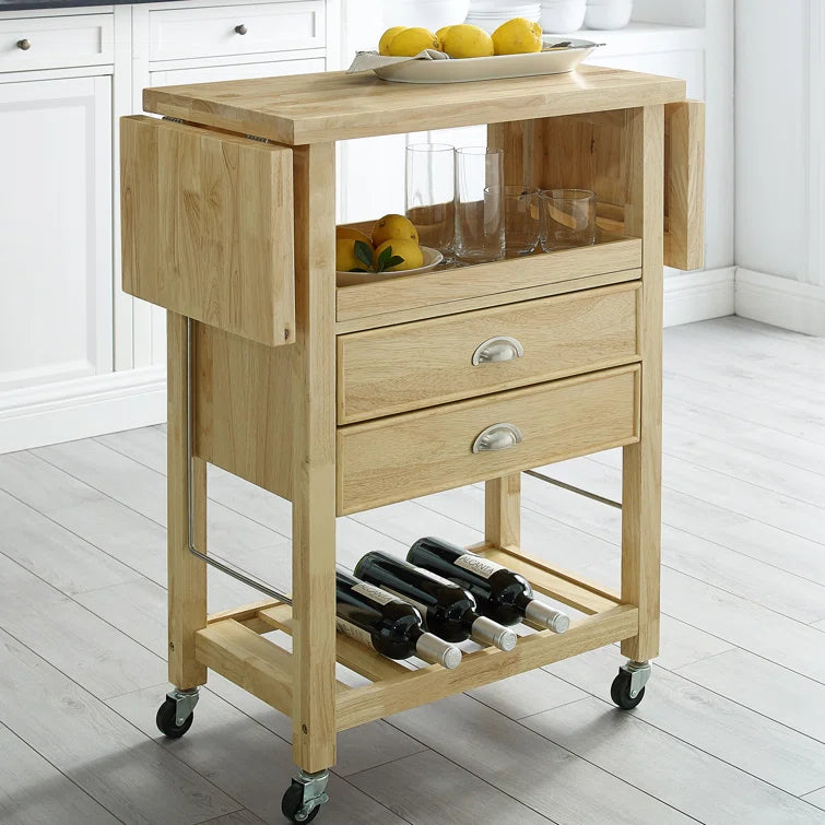 Kitchen Island Table: Drop Leaf Tan Cart with Natural Wood Top, Drawers & Locking Wheels