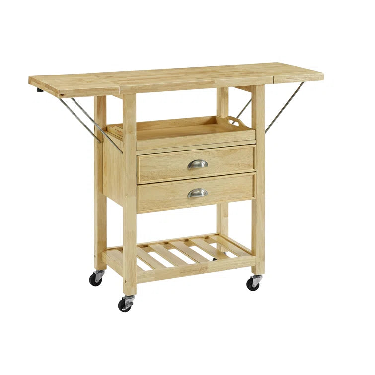 Kitchen Island Table: Drop Leaf Tan Cart with Natural Wood Top, Drawers & Locking Wheels