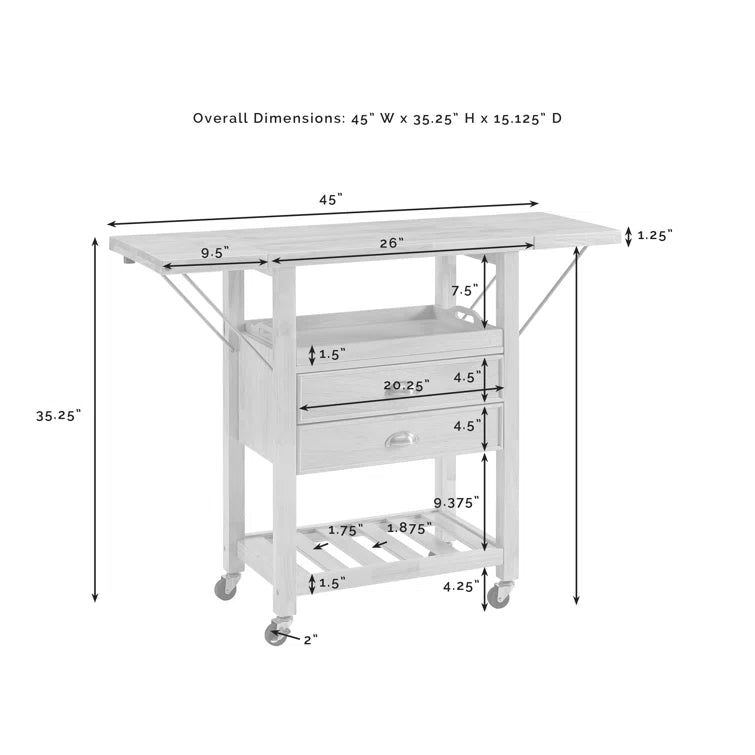 Kitchen Island Table: Drop Leaf Tan Cart with Natural Wood Top, Drawers & Locking Wheels