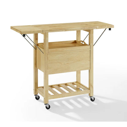 Kitchen Island Table: Drop Leaf Tan Cart with Natural Wood Top, Drawers & Locking Wheels