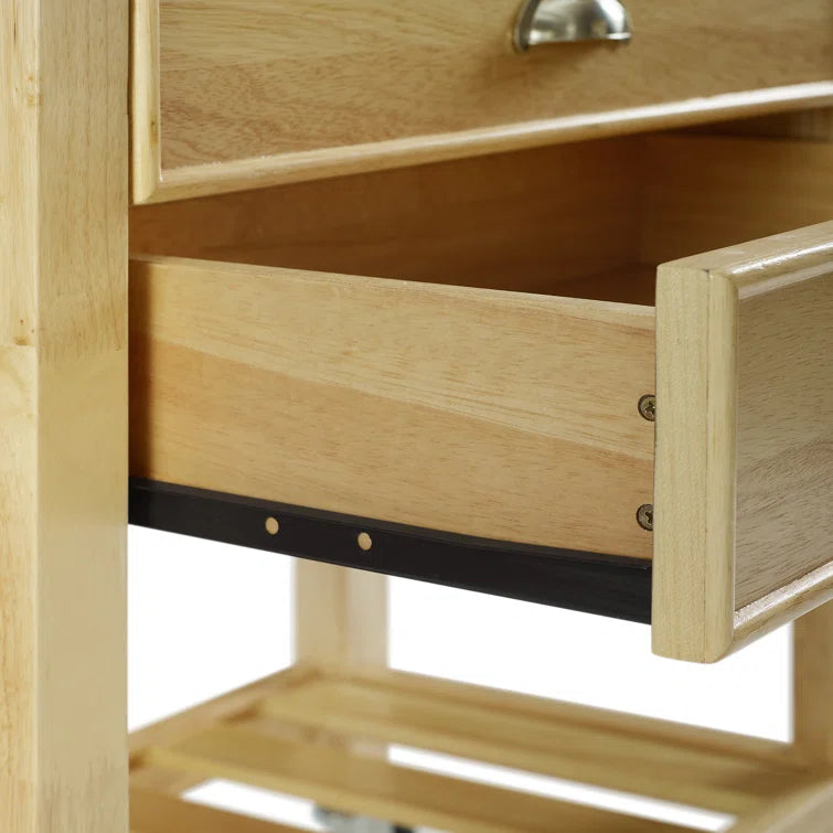 Kitchen Island Table: Drop Leaf Tan Cart with Natural Wood Top, Drawers & Locking Wheels