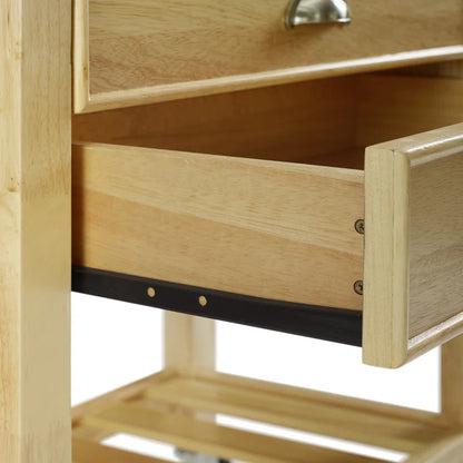 Kitchen Island Table: Drop Leaf Tan Cart with Natural Wood Top, Drawers & Locking Wheels