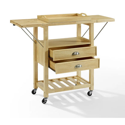 Kitchen Island Table: Drop Leaf Tan Cart with Natural Wood Top, Drawers & Locking Wheels
