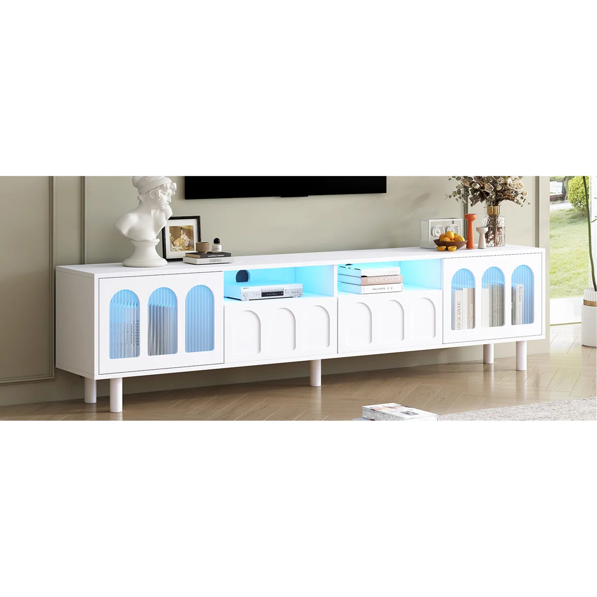 tv panel: LED TV Panel with Glass Doors and Wood Legs for 80" TVs