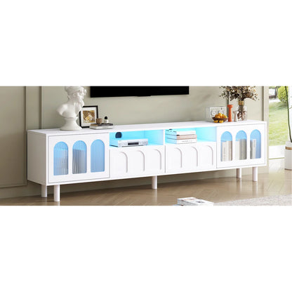 tv panel: LED TV Panel with Glass Doors and Wood Legs for 80" TVs