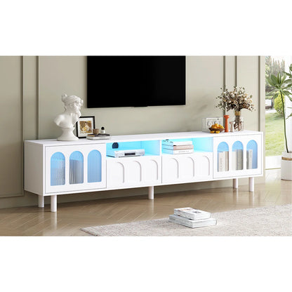 tv panel: LED TV Panel with Glass Doors and Wood Legs for 80" TVs