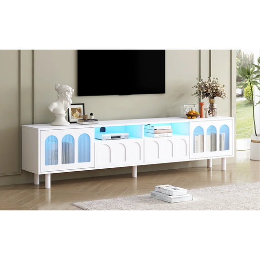 tv panel: LED TV Panel with Glass Doors and Wood Legs for 80" TVs