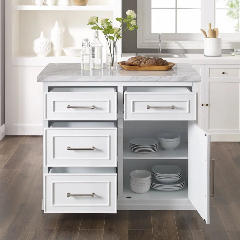 Kitchen Island Table: Cutler Kitchen Island with Faux Marble Top, 4 Drawers &amp; Cabinet