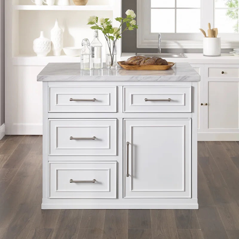 Kitchen Island Table: Cutler Kitchen Island with Faux Marble Top, 4 Drawers &amp; Cabinet
