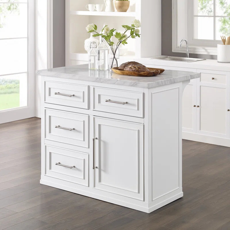 Kitchen Island Table: Cutler Kitchen Island with Faux Marble Top, 4 Drawers &amp; Cabinet