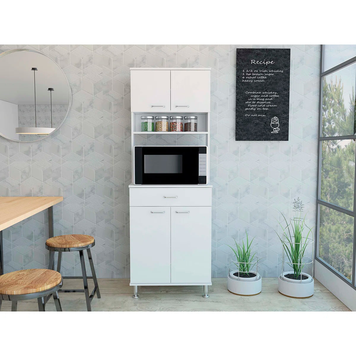 Microwave Stands: Della 60" White Tabletop Kitchen Pantry Cabinet for Open and Closed Storage