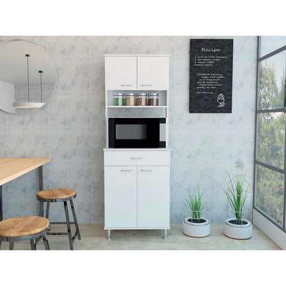 Microwave Stands: Della 60" White Tabletop Kitchen Pantry Cabinet for Open and Closed Storage