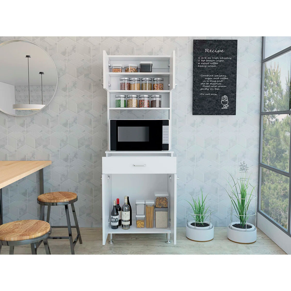 Microwave Stands: Della 60" White Tabletop Kitchen Pantry Cabinet for Open and Closed Storage